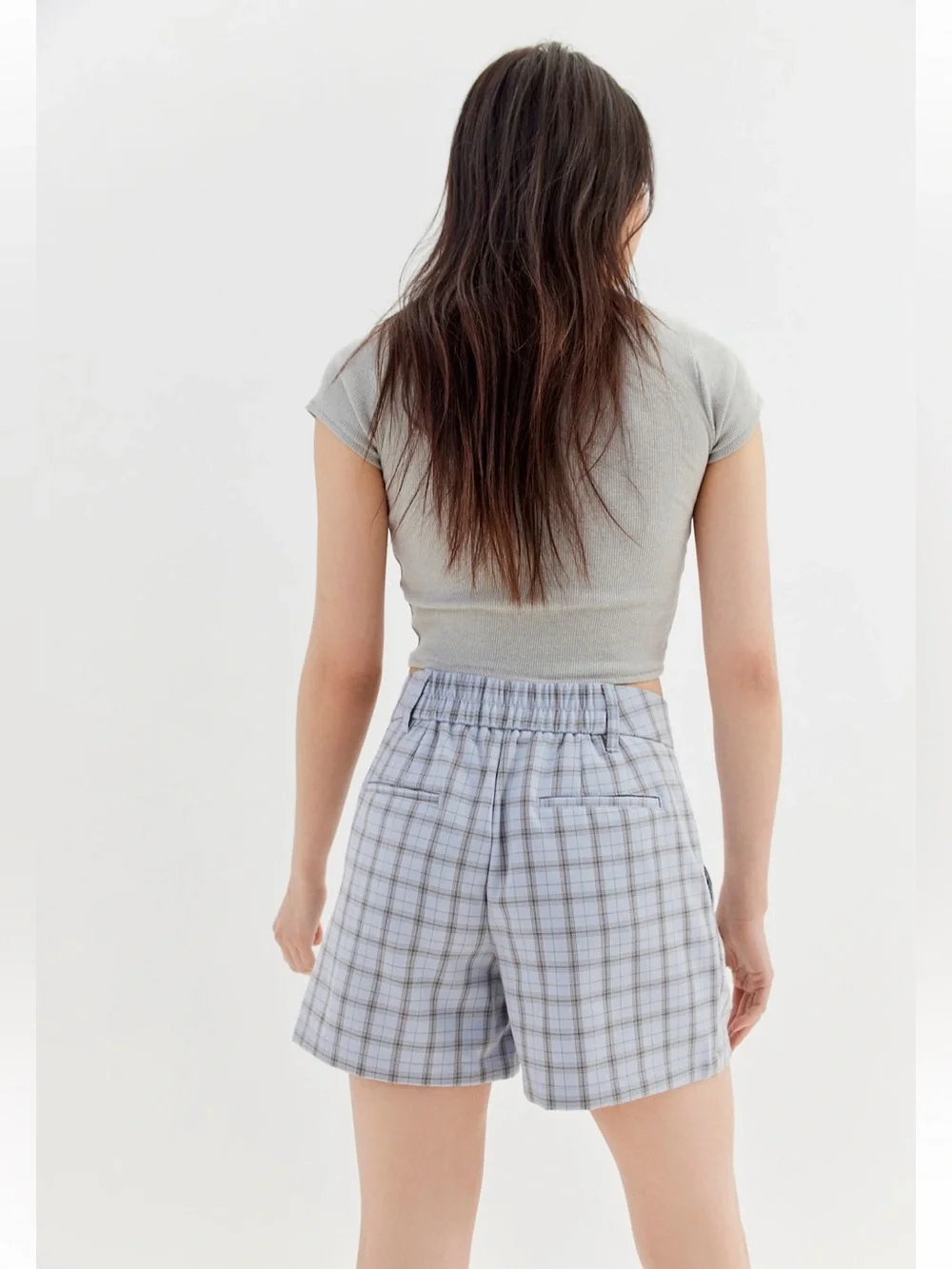 UO Light Blue Plaid High-Waist Shorts